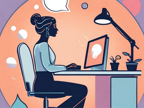 Art of a woman sitting at a computer selecting a mentor as part of a mentor matching option.