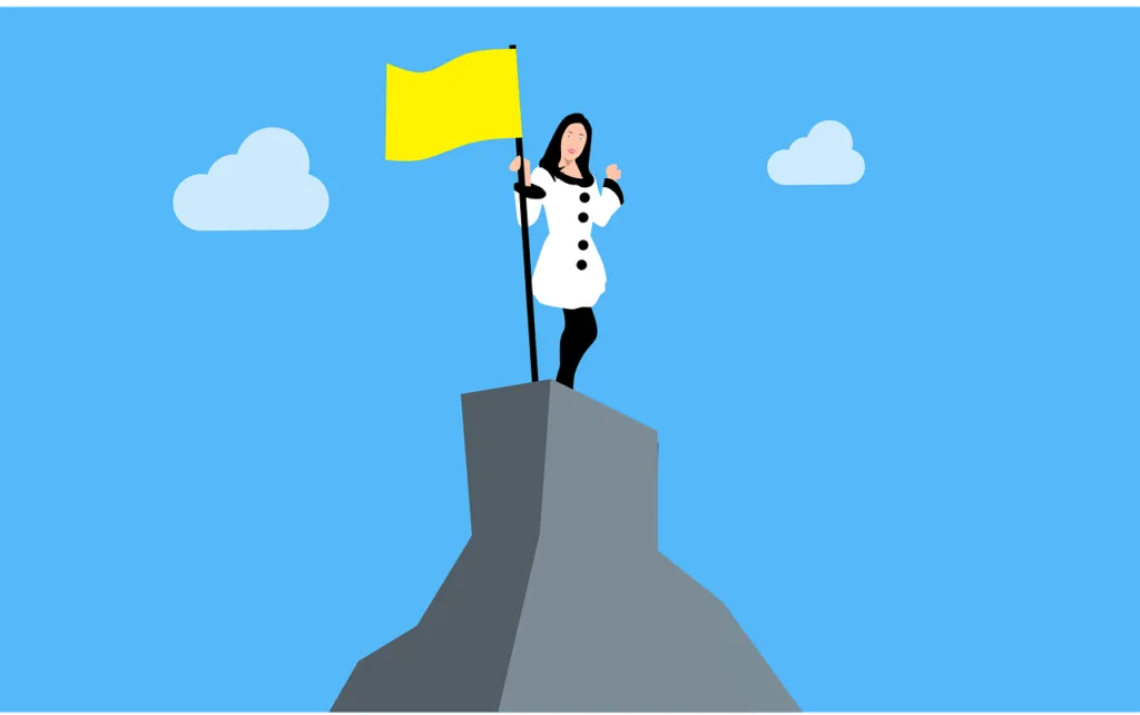 Cartoon woman placing a flag on a hill for leadership development.