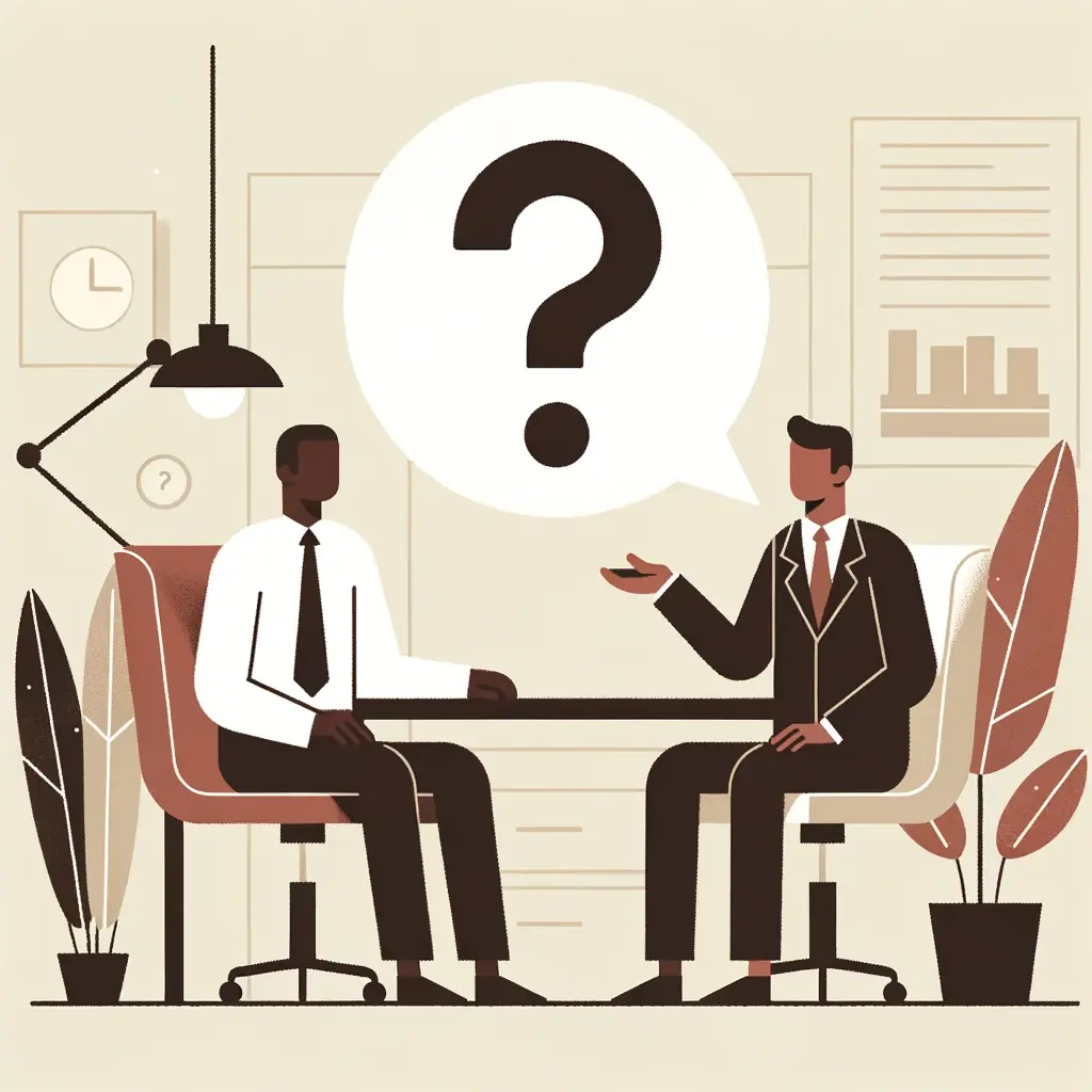 Drawn mage of two men talking in a mentoring relationship. One is asking a mentorship question, shown as a question mark in a comment bubble.