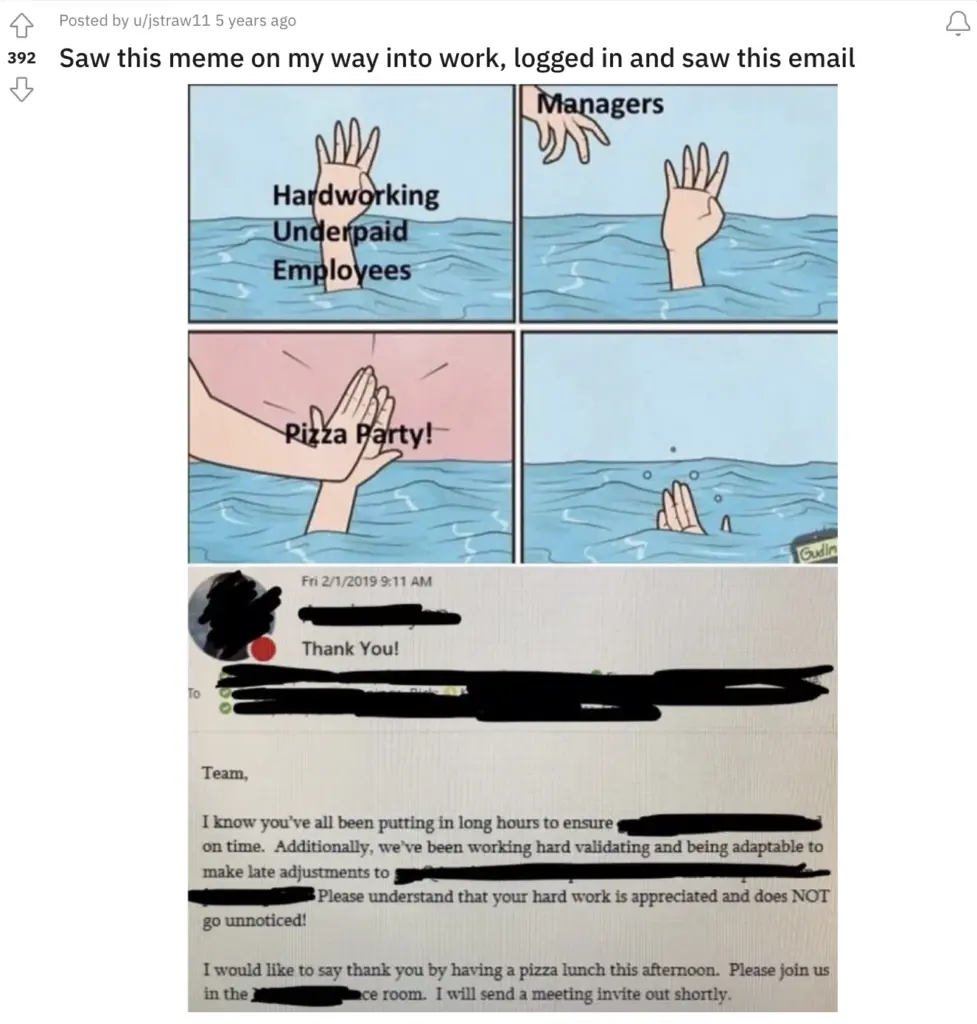 Meme image from Reddit showing why pizza parties are not effecive employee retention strategies.