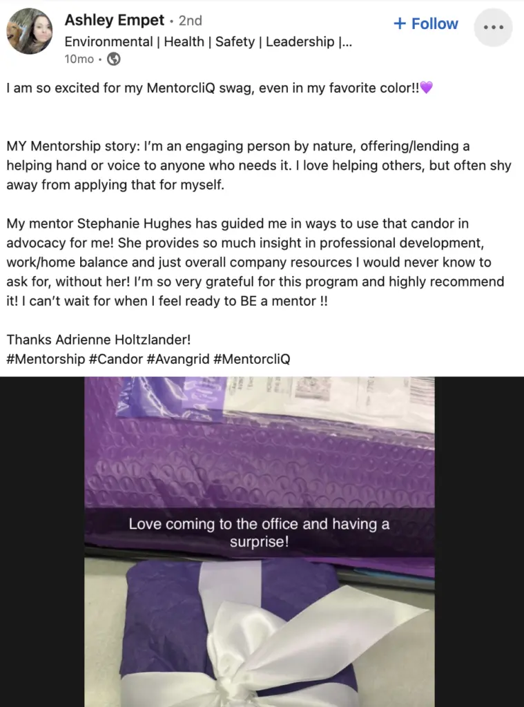 A LinkedIn post from a mentee celebrating her mentoring success story thanks to a good mentorship program structure.