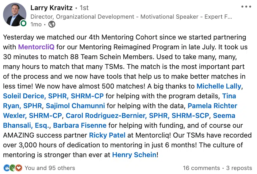 LinkedIn Post Henry Schein on mentoring and career mentoring development.