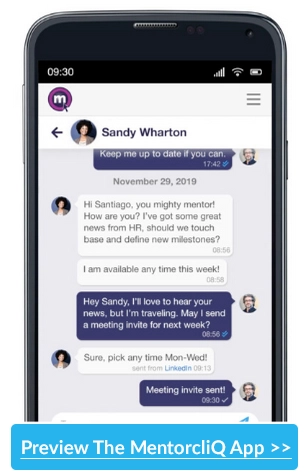 Smartphone displaying the MentorcliQ app with a mentoring chat conversation and a “Preview The MentorcliQ App” button.