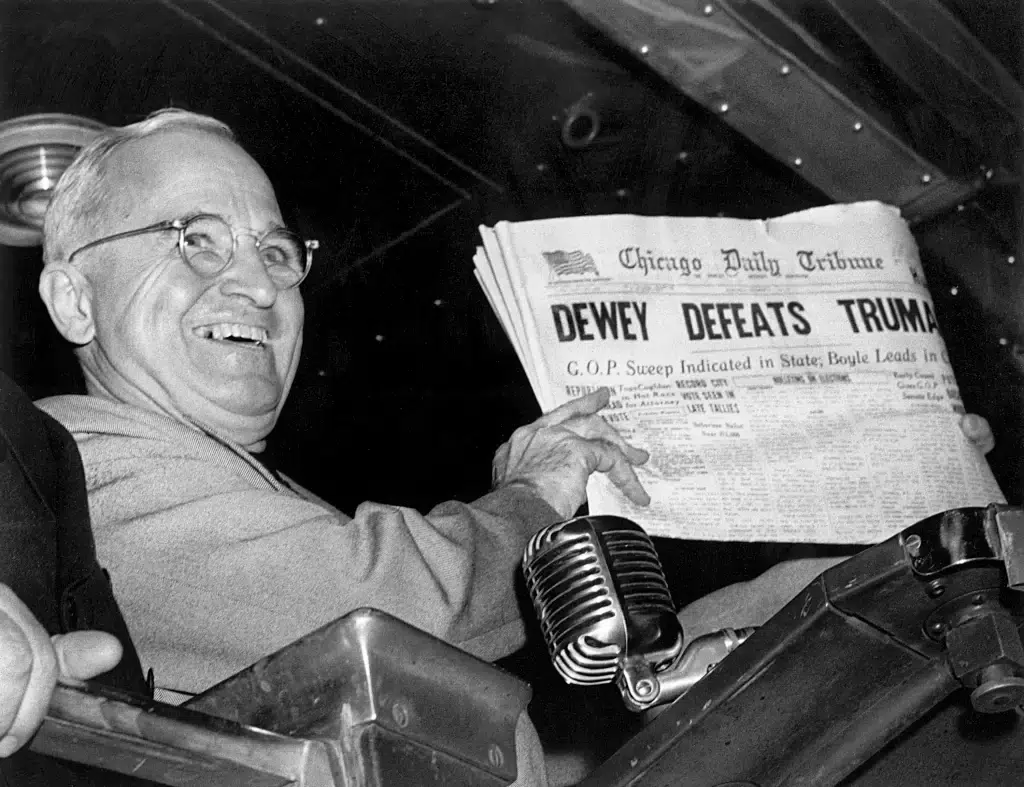 Foresight leadership example using Dewey Beats Truman headline.