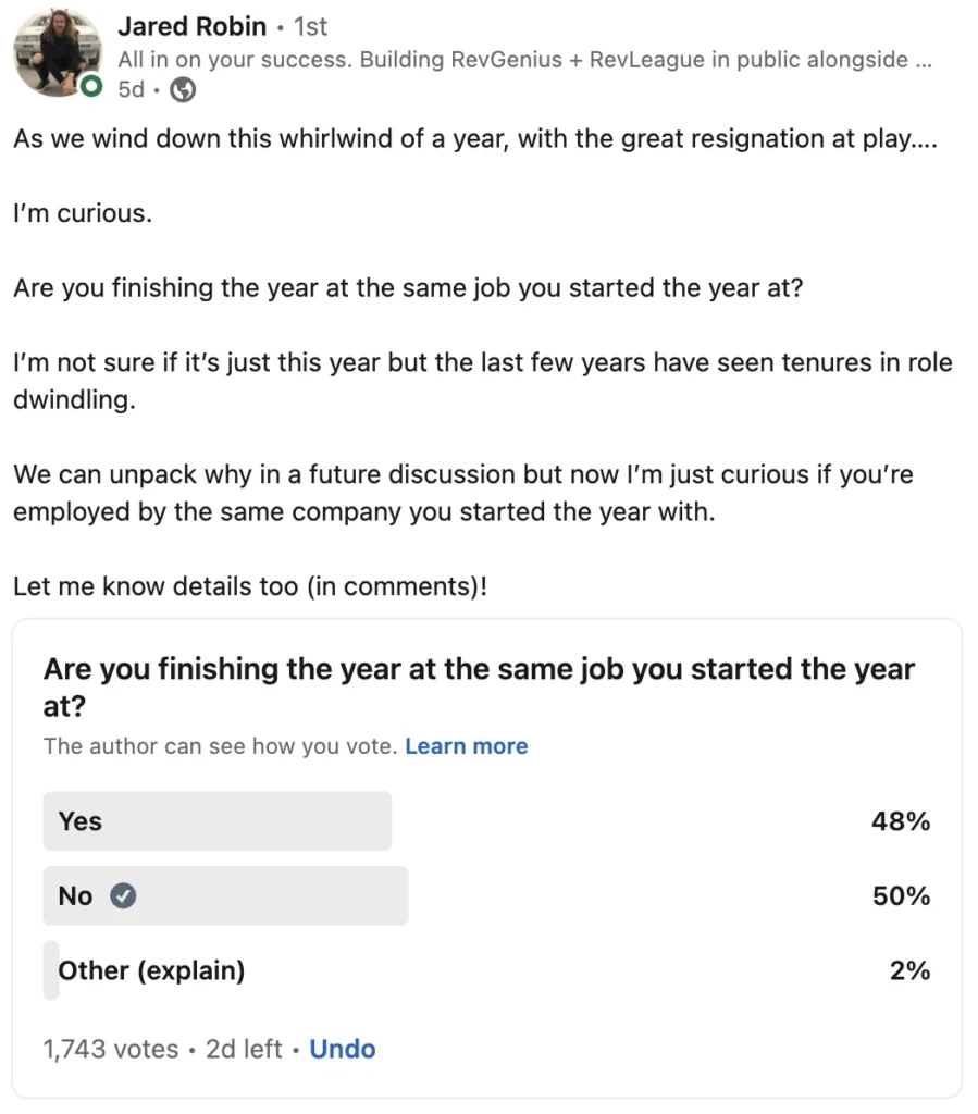 LinkedIn poll asking whether respondents are ending the year at the same job they started with, showing 48% Yes, 50% No, and 2% Other.