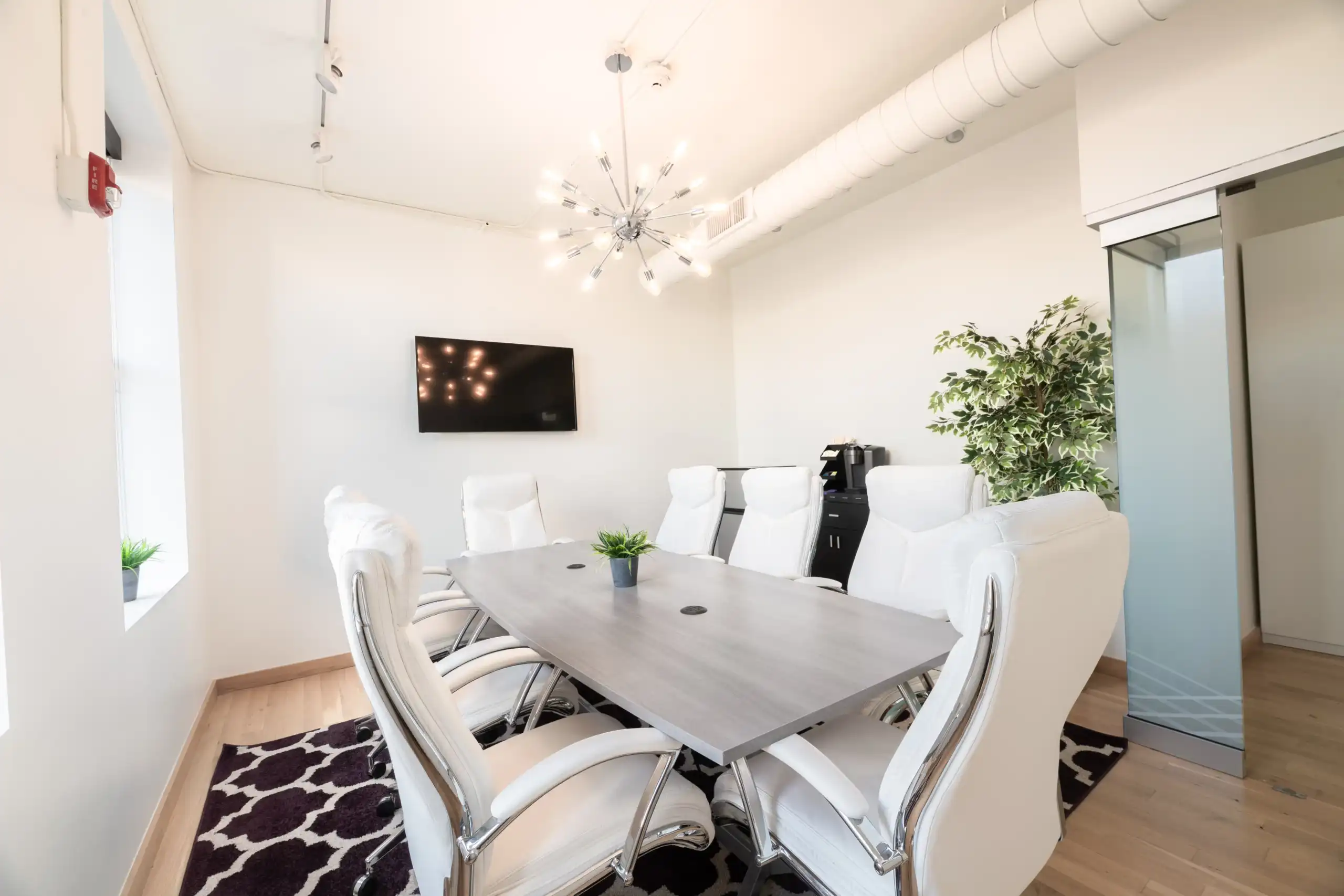 Modern conference room with a large meeting table, white office chairs, wall-mounted TV, contemporary lighting, and indoor plants.